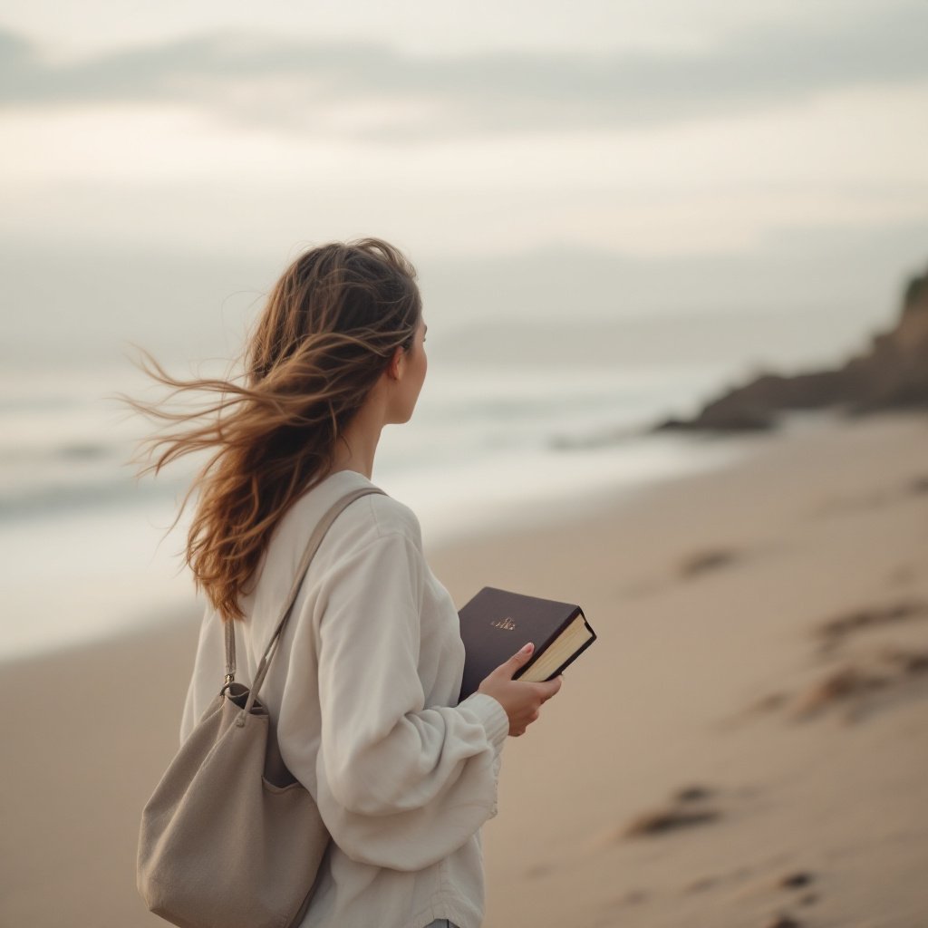 woman on beach holding Bible